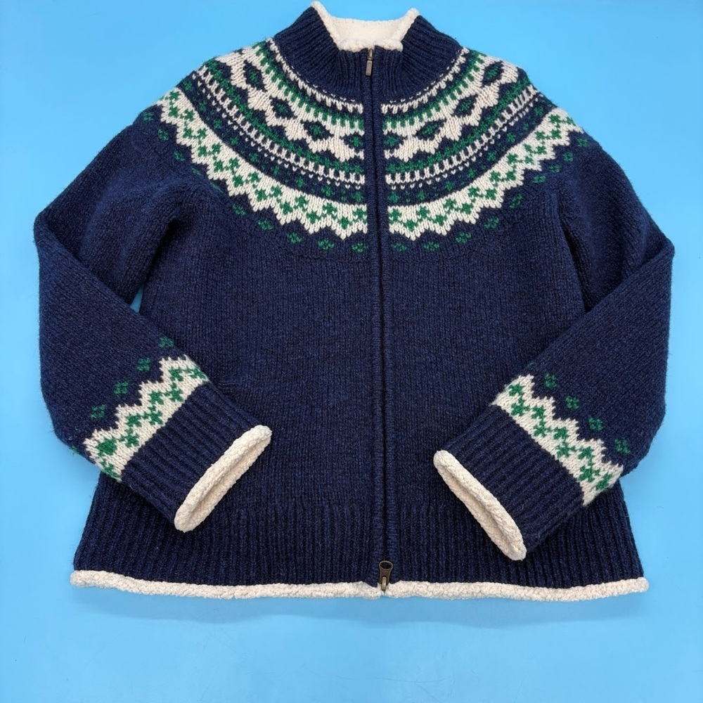LL BEAN Women's Fair Isle LambsWool Sweater Jacket Full Zip Sherpa Lined SMALL